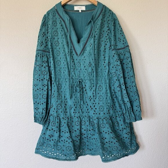 next Dress UK 12 US 8 Green Eyelet Blue Long Sleeves V Neck Toe Waist - Picture 1 of 8